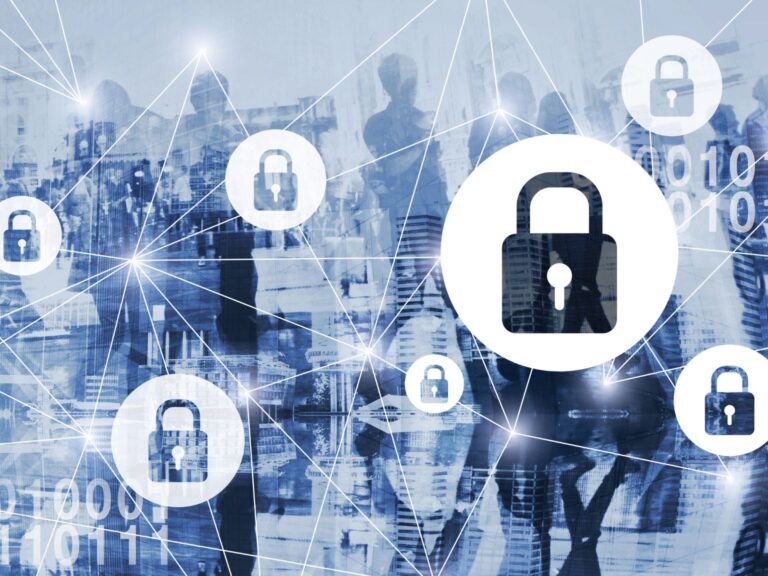 Digital cybersecurity concept showing padlocks connected by network lines over a blurred city background, representing data protection for small businesses.