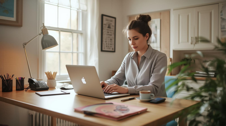 Home-based business owner working from a home office on a laptop