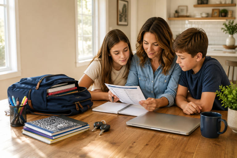 Family reviewing a back-to-school insurance checklist with school supplies, laptop, backpack, and car keys before the new school year.